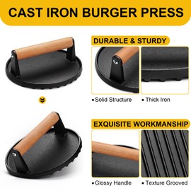 AIVIKI Burger Press, Smash Burger Press for Blackstone Griddle, Heavy Duty Cast Iron Round 6.9In Bacon Grill Press with Wood Handle, Meat Steak Weight for Sandwich, Paninis (Round)
