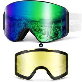 Odoland Ski Goggles Set with Detachable Lens, Frameless Interchangeable Lens Anti-Fog UV Protection Snow Goggles for Men and Women, Helmet Compatible, Black and Green