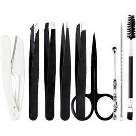 Lumbor37 Set de 9 Pinzas para Cejas de Acero Inoxidable, Pinzas de Precisión con Tijera, Kit Profesional para Depilar y Moldear, Incluye Caja de Almacenamiento
