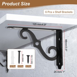 sourcing map 6 Pcs Decorative Shelf Brackets, 5" x 3" Heavy Duty Floating Shelf Brackets Wall Mounted Metal l Shelf Brackets for Wall Bookshelves Shelves Support, Black