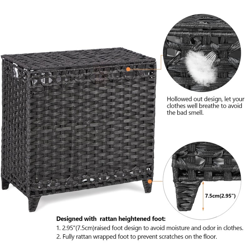 Laundry Hamper with 3 Removable Liner Bags; 132L Handwoven Rattan