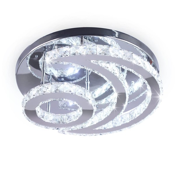 CXGLEAMING 15.7" Modern LED Chandelier Ceiling Light - Moon Shape Crystal Flush Mount Light Fixture for Bedroom,Living Room,Bathroom,Hallway - Cool White (6500K)