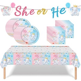 Elephant Baby Shower Gender Reveal Party Tableware for Girls,Boys-38Pcs She or He Gender Reveal Theme Tableware Decorations for Party Table Cloth,7inch Plates,Napkins,Banner Dinnerware Party Supplies
