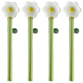 4 Pcs Borosilicate Color Transparent Glass Spoons,Cute Flower Long Handle Spoons for Ice Cream Dessert Coffee Stirring (White Sunflower Spoon)