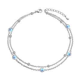 HOOHWE Anklet for Women 925 Sterling Silver Layered Ankle Bracelet Length Adjustable Moonstone Anklet Bracelets Summer Anklet Jewellery for Women and Girls, Sterling Silver