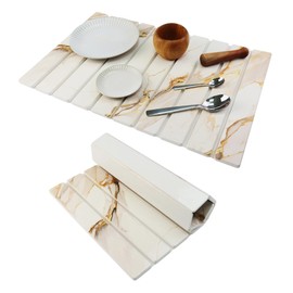 Large Stone Drying Mat for Kitchen Counter Diatomaceous Earth Collapsible 24”（L）*16”（W）Super Heat Resistant Mats, Quick Absorbent Dish Drying Rack（Gold marble）