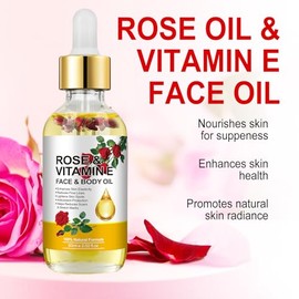 Aceite de rosa para cara, vitamina E y aceite facial de rosa con juego de herramientas Gua Sha, aceite hidratante nutritivo de vitamina E para cara y 