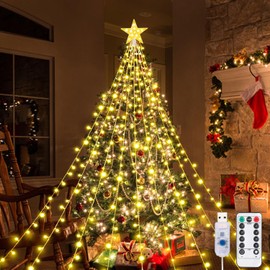 Aofonchy Christmas Tree Lights, 2M/ 6.6FT x 9 Strands USB Waterfall Tree Lights with Topper Star, 198LED Christmas Lights with Remote, 8 Modes Fairy Lights for Xmas Garden Tree Decor