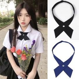 Mantieqingway School Uniform Pre Tied Bows for Girls Women Solid Color Adjustable Criss-Cross Bowtie (Black+Sapphire)