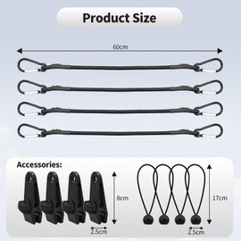 Bungee Cords with Hooks – 4pcs 60cm Heavy Duty Bungee Straps, 4pcs Tarp Clips & 4pcs Bungee Cord with Balls for Trunks, Camping Gear, Tarps, Trailers, DIY, Garden Furniture