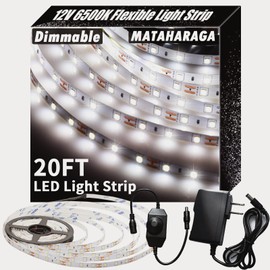 MATAHARAGA Dimmable LED Strip Lights with Knob Dimmer, 20ft 6500K Daylight White 360 LEDs 12V Flexible Bright Lights with Strong Adhesive for Kitchen Cabinet Mirror Bedroom Christmas Decor