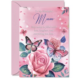 Mum Birthday Card - Pink Rose Butterfly - Beautiful Happy Birthday Card for Mum from Daughter Son, 5x7 Inch Female Floral Bday Mothers Day Greeting Cards