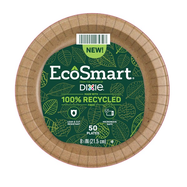 Dixie EcoSmart 100% Recycled Fiber Paper Plates, 8.5in, 50 Count, Medium Disposable Plate Great for Light Breakfast, Lunch, and Dinner Size