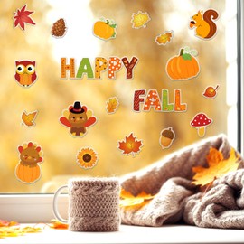 JarThenaAMCS 20Pcs Happy Fall Thick Gel Clings Harvest Pumpkins Pine Cones Maple Leaves Window Gel Decals for Autumn Thanksgiving School Classroom Nursery Decor