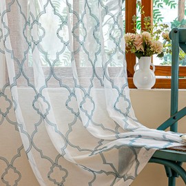 AmHoo 2 Panels Moroccan Geo Embroidered Farmhouse Semi Sheer Curtains Faux Linen Voile for Living Room Bedroom Window Treatment White Teal 53 x 84 Inch