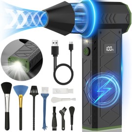 Compressed Air Duster with Flashlight, 180000RPM Electric Air Duster with 4 Gear, 10000mAh Rechargeable Air Blower with LED Light, Air Duster for Car, Computer, Keyboard, Outdoors, Home (Green)