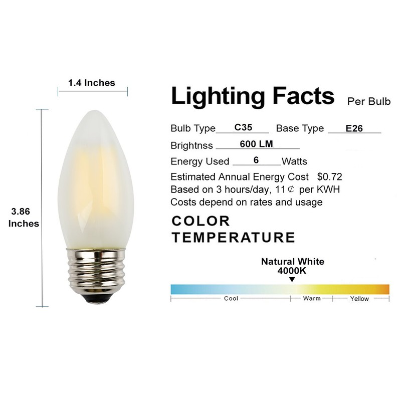 OPALRAY C35 6W LED Candelabra Bulb, 4000K Neutral White Daylight,