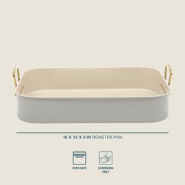 Gibson Home Broxton 2-Piece Nonstick Roaster Pan with Rack – 16 x 12 Inch Taupe Turkey Roasting Pan with Cast Aluminum Gold Handles – Oven-Safe, Easy-Clean, Holiday Cookware