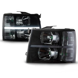 PIT66 LED DRL Headlight Left+Right Side Compatible with Chevy Silverado 2007-2013,Clause Type (Smoky lens Black Housing Clear Reflector)