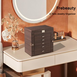 Frebeauty Large Jewelry Box,6-Tier PU Leather Jewelry Organizer,Multi-functional Storage Case with Mirror,Accessories Holder with 5 Drawers for Necklace Bracelets Watches(Tree Brown)