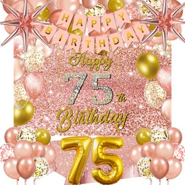 Rose Gold 75th Birthday Decorations for Women 75th Happy Birthday Banner Balloons Tablecloth for Seventy-Five Birthday Party Supplies 75 Years Old Birthday Decor Gifts