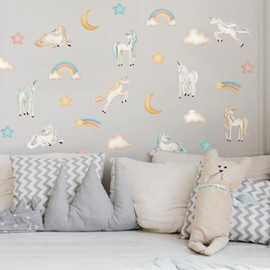 Stickerscape Unicorn Wall Stickers (Pastel Watercolour Unicorns) | Easy to Apply and Cleanly Removable | 28 Stickers for Walls Included | Unicorn Bedroom Accessories