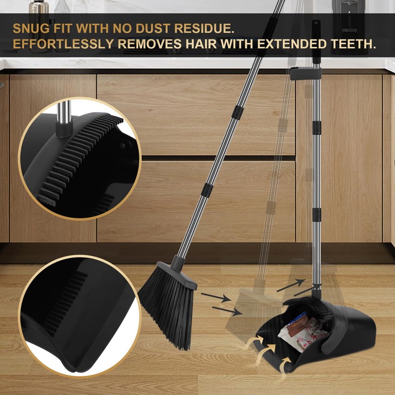 Upgraded Broom and Dustpan Set, Black Large Broom with Dustpan