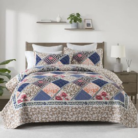DDUOXIN Floral Oversized King Bedspread 128"x120" - 100% Cotton Reversible California King Quilt with 2 Pillow Shams, Farmhouse Bedspreads Lightweight Bedding Set, Navy Brown, 3 Piece