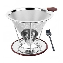 Pour Over Coffee Dripper - 304 Stainless Steel Filter, Brew Coffee Maker, Paperless & Reusable Dual-Layer Metal with Base, 800 Mesh Steel Cone Filter, for 1-6 Cups (Brown)