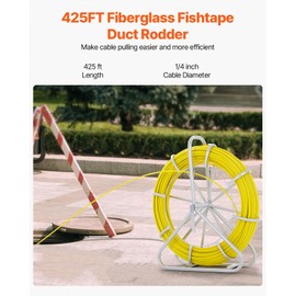 VEVOR Fiberglass Fish Tape 425 FT x 1/4 inch, Fish Tape Duct Rodder Puller with Durable Steel Stand, Non-Conductive Fishtape Wire Cable Running Rod for Walls, Floor and Electrical Conduit