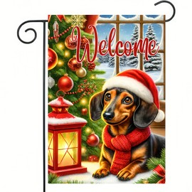 Merry Christmas Garden Flag 12X18 Winter Double Side Dachshund Dog Garden Flag with Santa Hat Snowflake Red Scarf Winter Decorative Banner for Outside Yard Home