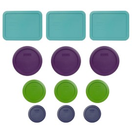 Pyrex Bundle - 12 Items: (3) 7210-PC 3-Cup Turquoise Lids, (3) 7201-PC 4-Cup Purple Lids, (3) 7200-PC 2-Cup Lawn Green Lids, (3) 7202-PC 1-Cup Dark Blue Lids Made in the USA
