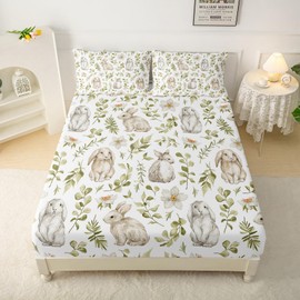 QOOMO QOOMO Cute Wild Rabbit Animals Microfiber Flat Fitted Sheets Set for Children Botanical Pattern Kid Sheets Set Flower Watercolor Room Decoration Full Size 1 Fitted Sheet, 1 Flat Sheet, 2 Pillow Cases