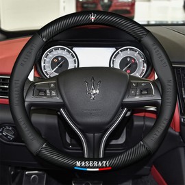 LeoShi for Maserati Steering Wheel Cover Custom-Fit, Fusion Carbon Fiber Premium Leather Cover with Maserati Emblem Logo Car Steering Wheel,Designed for Maserati Car Accessories