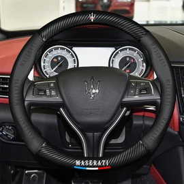 LeoShi for Maserati Steering Wheel Cover Custom-Fit, Fusion Carbon Fiber Premium Leather Cover with Maserati Emblem Logo Car Steering Wheel,Designed for Maserati Car Accessories