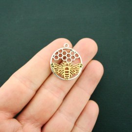Unbranded 4 Bee Pendant Charms Antique Silver and Gold Tone Honeycomb Open Design - SC6443