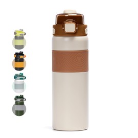 pluseight Stainless Steel Drinking Bottle, 800 ml, Leak-Proof Stainless Steel Bottle with Straw and Lid for School, Children, Women, Men, Leak-proof and Sweatproof with Anti-Dust Lid (Beige)