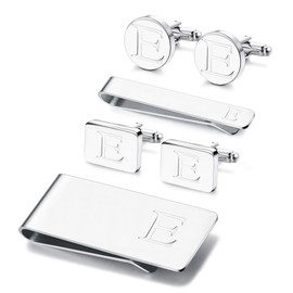 JOERICA 6 PCS Engraved Initial Cufflinks Tie Bar Money Clip Set Shirt Alphabet Letter Wallet Tie Clip and Cufflink Set