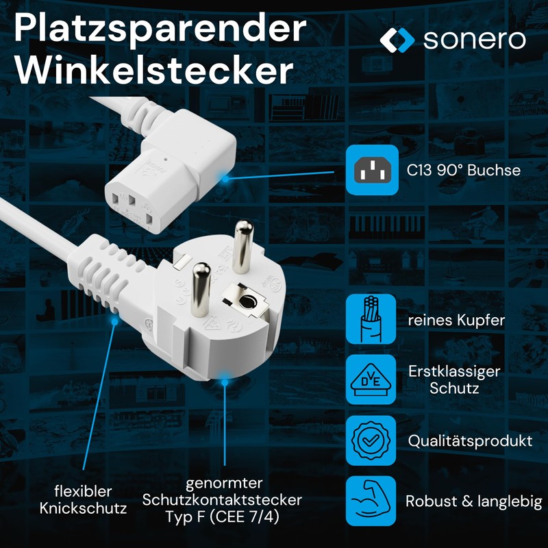 sonero Stromkabel Kaltgerätekabel 3 Polig, 2,0m, Schutzkontakt Schuko Stecker Netzstecker