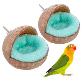 VTurboWay 2 Pack Natural Coconut Shell Parrot Nest Finch House Canary Bed Hanging Toy Breeding Nesting Anti-Pecking Bite with Warm Pad for Cages Sleeping Bird Bed