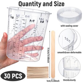 Teenyyou 30 Pack 40 oz Disposable Plastic Measuring Cups with Lid and 30 Wooden Mixing Sticks Graduated Clear Paint Mixing Cups Suitable for Epoxy Resin, Pigments, Paint Mixing, Cooking and Baking