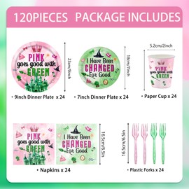 120pcs Witch Birthday Party Supplies Pink Goes Good with Green Plates Napkins Wiked Disposable Tableware Set Paper Cups for Girls Birthday Party Decorations Severs 24 Guests