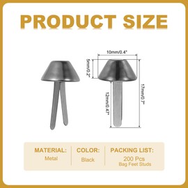 PATIKIL 200 Pcs Metal Brads Purse Feet Studs Mushroom, Flat Bottom Prong Handbag, Great for Bags, Decoration, Clothing, Craft,(Black, 0.4 x 0.7 Inch)
