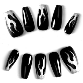 Cihcshe Press on Nails, 100% Handmade Black Fake Nails with Flame Accents, Reusable Stick On Nail Kit with Jelly Soft Gel, Advanced Custom Acrylic Nails Press Ons for Women, 10Pcs
