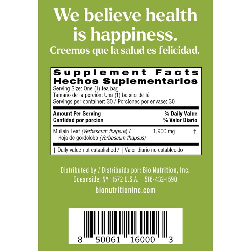 Bio Nutrition Mullein Leaf Tea, Herbal Supplement, 30 Tea Bags,