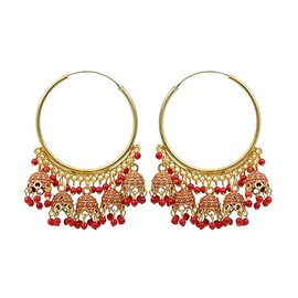 Indian Gold Pearl Bead Ethnic Fashion Traditional Boho Jhumka Dangle Hoop Earrings Jewelry (ROUND) (RED)