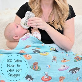 LollyBanks Swaddle Blanket - 100% Cotton Muslin, Neutral, 47 x 47 Inches, Baby Blanket for Boys & Girls, Registry (Swimming Dogs Print)