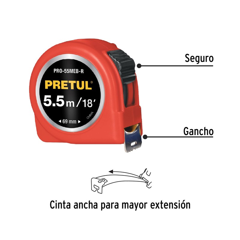 Pretul PRO-55MEB-R, Flexómetro rojo 5.5 m cinta 25 mm, cubierta