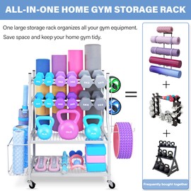 NBTORCH Yoga Mat Storage Rack - Home Gym Storage Rack for Yoga Mats, Dumbbells and Kettlebells, All in One Workout Equipment Storage with Caster Wheels (Hold Up to 440 Lbs)