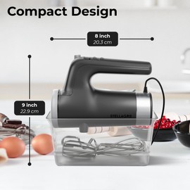 Stellagro Electric Hand Mixer 9 Speed with Stainless Steel Whisk, Flat Beater & Dough Hook, Snap Storage Case, Compact Lightweight 350 W Powerful handheld mixer for Baking & Cooking, Gray